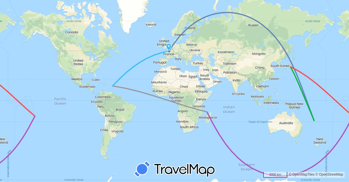 TravelMap itinerary: driving, bus, plane, cycling, train, hiking, boat in France, Japan (Asia, Europe)